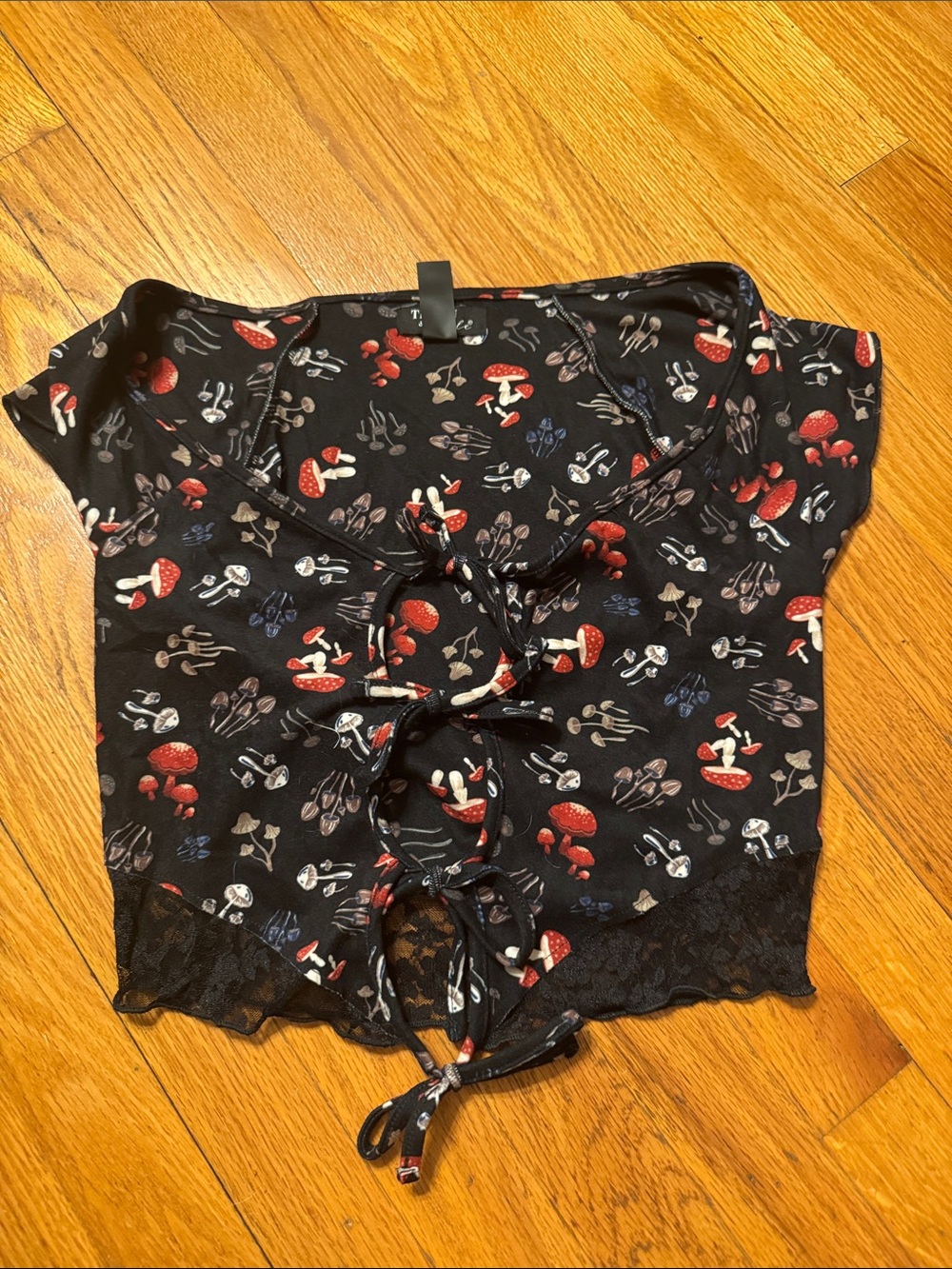 Black Mushroom-Print Lace-Trim Chemise Top with Lace-Up Front